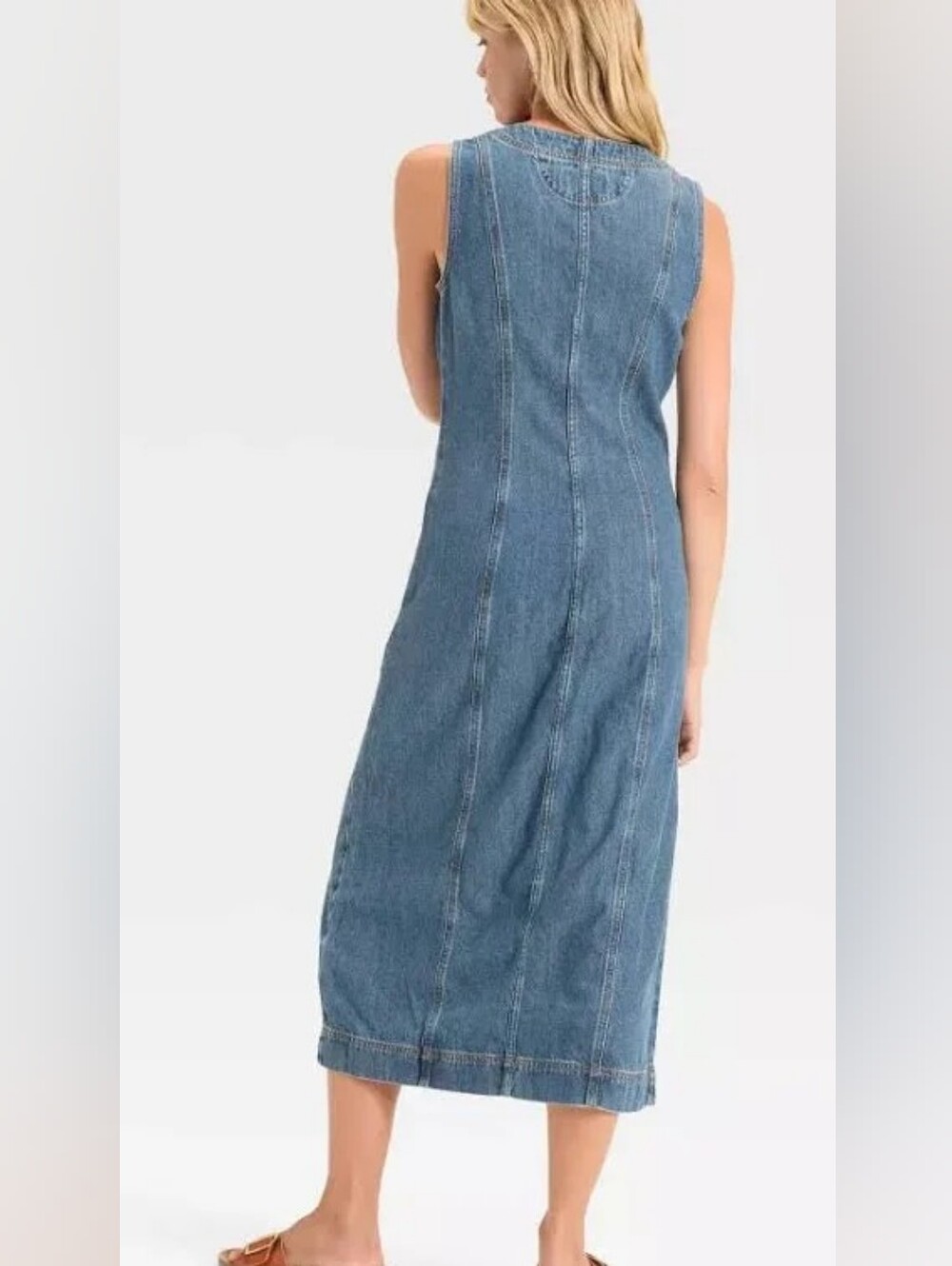 Sleeveless Denim Button-Front Midi Dress - Blue - Picture 2 of 4